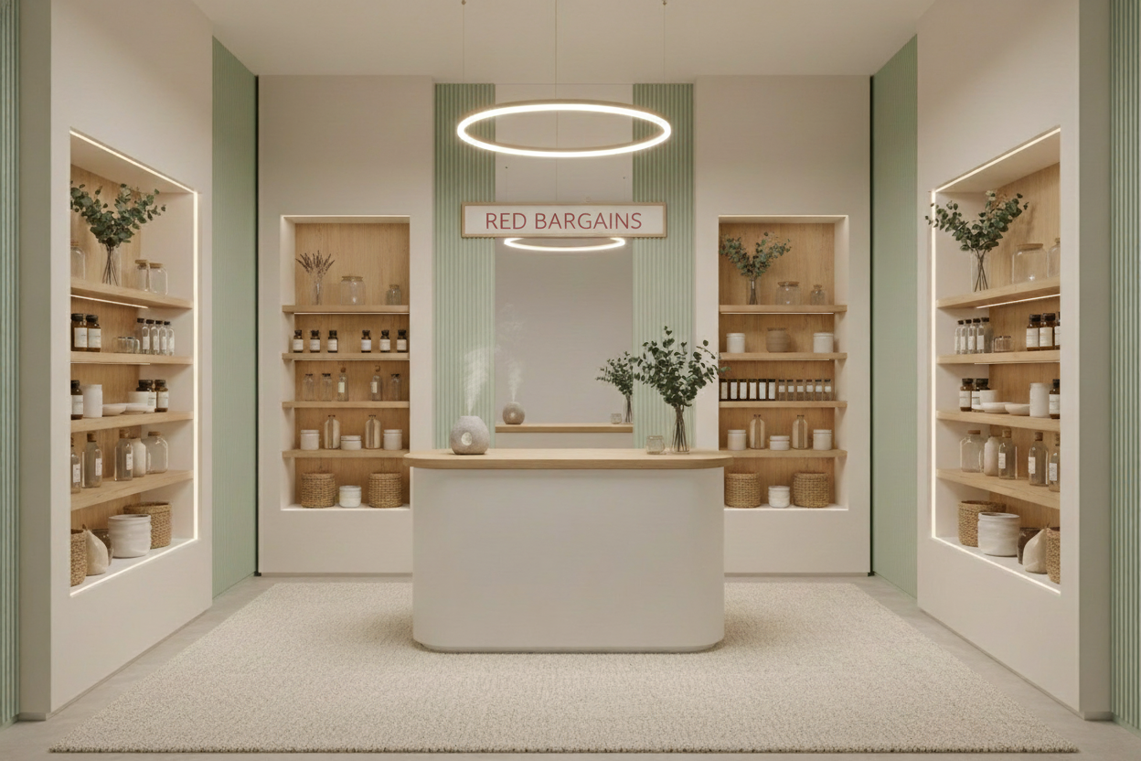 Modern minimalist wellness store background. Light beige and cream colors with soft green accents. Professional, clean, trustworthy. Health/wellness vibe.
